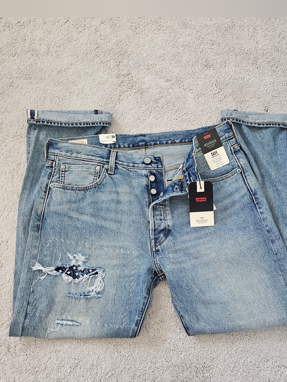 NWT Levis Selvedge 501 Original Straight Leg Jeans Patchwork Stitched Men 35x30